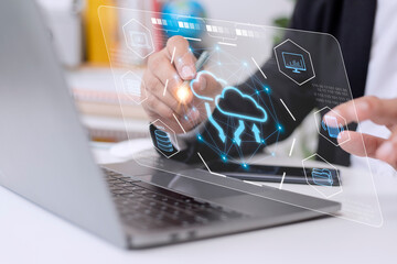 Cloud Computer technology and storage online for computer business network ideas connected to Internet server services for cloud transfer shown in the future Network of Data.