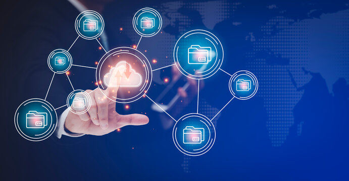 Businessman touching a cloud networking concept and touch screen with hand connection line on the black background, Cloud computing is system for sharing download and upload big data information, - Powered by Adobe