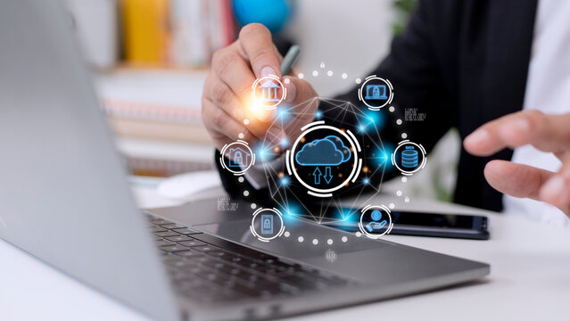 Cloud computing is a type of technology that allows you to store Storage of information. Concept of networking and internet service. - Powered by Adobe