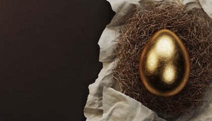 A golden Easter egg with hay on dark brown background.
