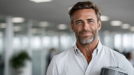 Obraz premium A confident man in a light shirt smiles in a bright office environment, holding a device, exuding professionalism and approachability.