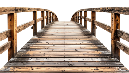 Wooden arched bridge stretches forward against a stark black background
