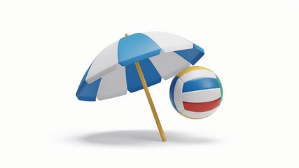 Blue And White Beach Umbrella With Colorful Beach Ball On White Background