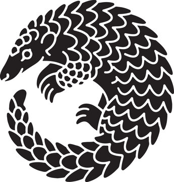Solid silhouette of a pangolin tightly curled into a protective ball vector art illustration