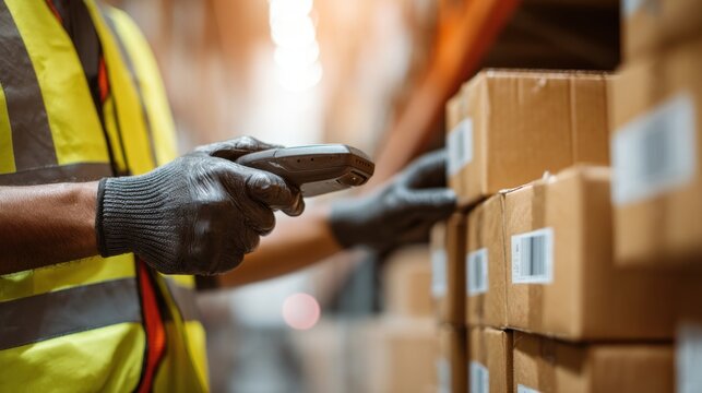 A warehouse worker scans a barcode on a box, wearing gloves and a safety vest, amidst organized cardboard boxes in a well-lit environment.