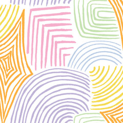 Seamless Pastel Abstract Geometric Pattern with Concentric Arches and Hand-Drawn Crayon Texture for Nursery and Retro Backgrounds