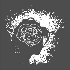 Psychotherapy, stress and psychosis. A female head with a tangled ball of nerves, scribbles symbolizing a depressed state of a person. Psychological help and mental health. Personality disorder.
