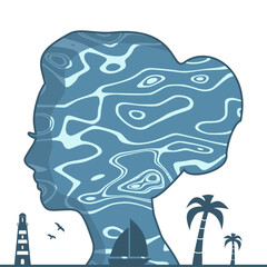 Top view of the blue and bright turquoise sea. Double exposure portrait of young woman and sea surface. Palms, lighthouse and sail boat.