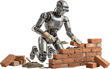 A highly detailed metallic android robot wearing work gloves carefully lays red clay bricks to construct a wall using mortar and a trowel construction bricklayer masonry building
