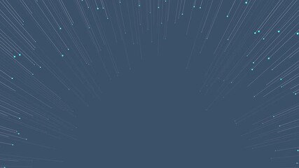 A minimalist generative animation on a dark slate blue background. Thin white lines tipped with cyan nodes emerge from the bottom of the screen, arching upward and outward like a digital fountain or a - Powered by Adobe