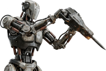 Detailed close up of a weathered metallic humanoid robot torso holding a heavy duty demolition jackhammer with sparks flying from the tip android construction industrial machinery