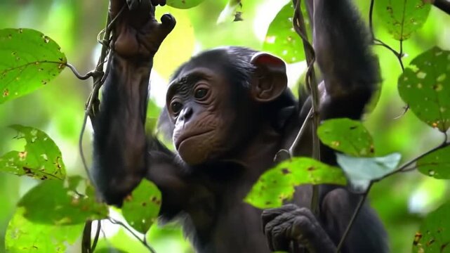 Young chimpanzee hanging in a lush green environment natural habitat