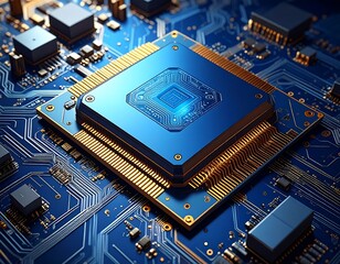 Close-up of a central processing unit (CPU) chip set on a blue circuit board with gold accents. Blue light emanates