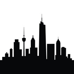A stark black silhouette of a modern city skyline against a white background
