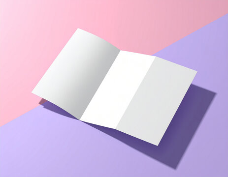 Open white tri-fold brochure mockup casting a shadow on a pink and purple background paper