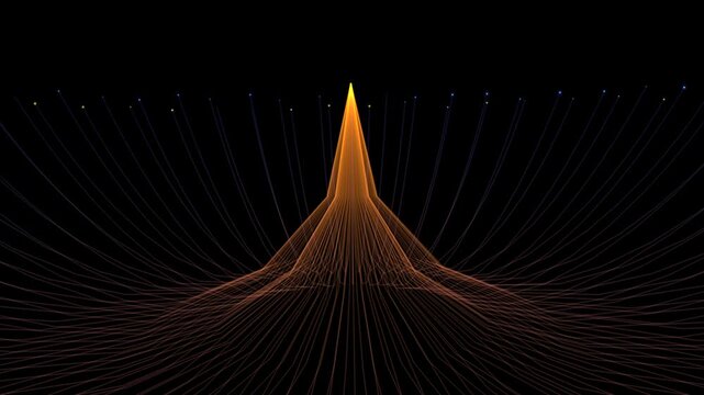 A perspective view of a golden, triangular spire or "flower" made of light strings, receding into a dark horizon of blue nodes.