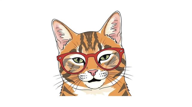 Animated Orange Tabby Cat Wearing Red Glasses Minimalist Background Loop