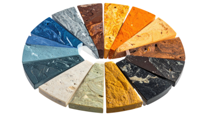 A circular color wheel of stone samples in various hues and textures