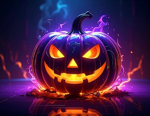 Spooky glowing carved pumpkin with spectral flames against dark neon backdrop