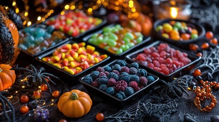 Dark-style Halloween candy display, colorful candies in black trays, pumpkin-shaped candies, spider web decorations, dark background with warm light