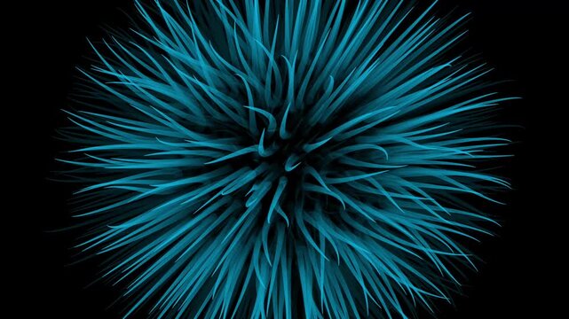 A dark, urchin-like entity with long, teal-colored bioluminescent tentacles or cilia that sway and undulate toward the viewer.