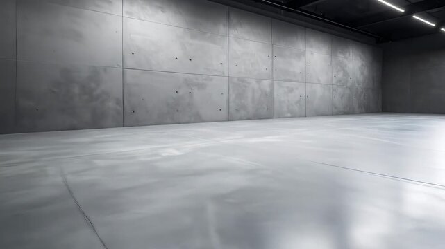 A modern, empty room with concrete walls and floor, illuminated by overhead lights, featuring a minimalist aesthetic.