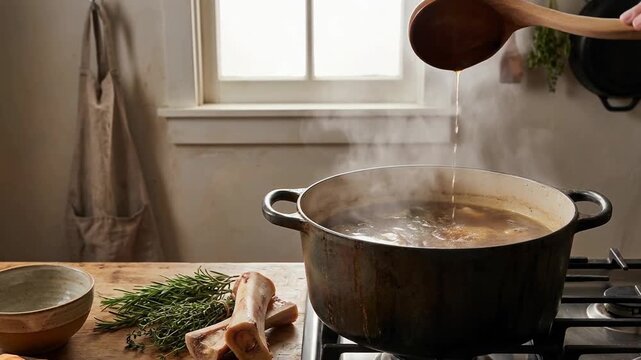 Bone broth cooking pot on stove with herbs and bones nearby steaming ancestral broth ladled in warm kitchen for health and nutrition