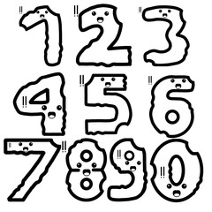 Cute number character with shock expressions and highlighted heart eyes, an outline black and white illustration set for stickers, emoji, and coloring books.  