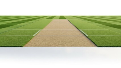 Fototapeta premium Cricket field with green striped grass and light brown pitch | Cricket, pitch, wicket, field, sports, game.