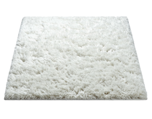 Fluffy white rectangular rug angled against a black background