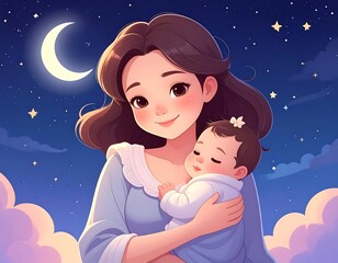 Obraz premium Loving mother holds her sleeping infant under a crescent moon