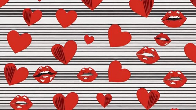 Animated Red Hearts And Lips Pattern On Striped Background