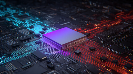Close-up of a vibrant microchip on a circuit board with colorful glowing lines