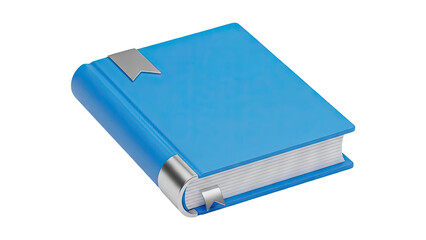 3D Blue book with metal corner protectors and bookmark on transparent background