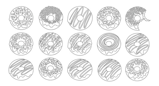 Detailed line art icons of various donuts with different toppings, glazes, and sprinkles including one with a bite taken out of it.