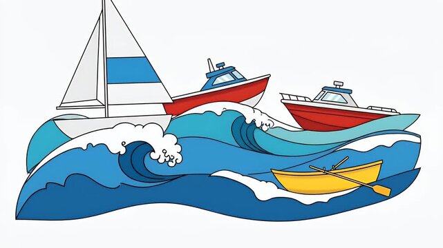 Boats and Canoe on Rough Blue Ocean Waves