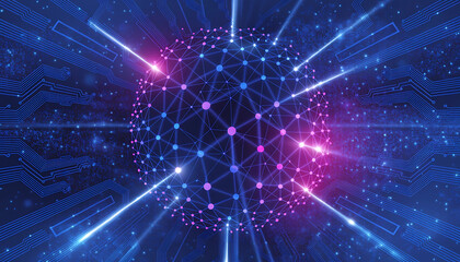Abstract glowing geometric sphere connected by lines and circuits, representing digital network and data flow with blue and purple light.
