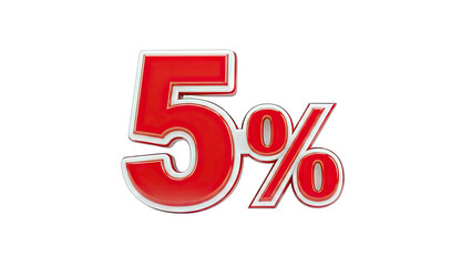 3D Red 5 Percent Symbol with 3D Effect on transparent background