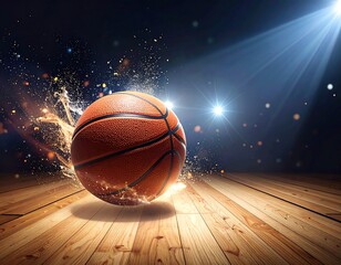 Basketball with light burst and particles over a wooden court floor