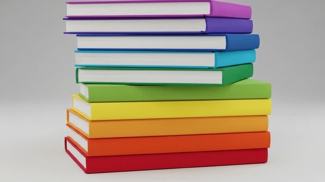A stack of colorful books arranged in a rainbow spectrum, representing knowledge and learning.
