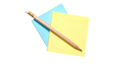 Pencil rests atop blue & yellow sticky notes against a black backdrop