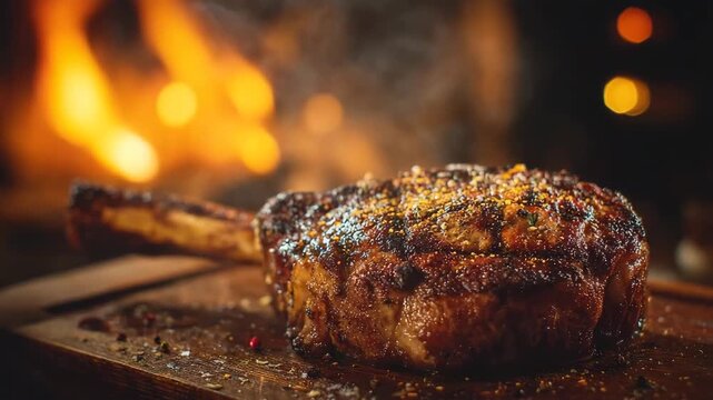 Mouthwatering grilled tomahawk steak on wooden board