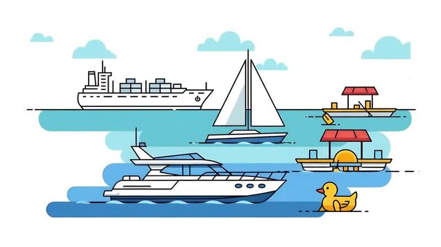 Animated Yacht Sailboat Ship and Duck Float on Water with Clouds