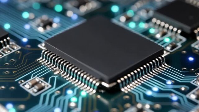 Macro shot of a microchip on a circuit board with blinking LEDs