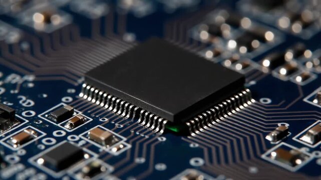 A close-up view of a microchip on a circuit board, with blinking LEDs surrounding it.