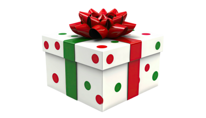 Box-shaped gift, white with red/green spots, ribbon atop, against black