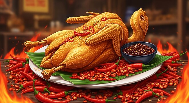 Roasted Chicken with Spices on Fire.