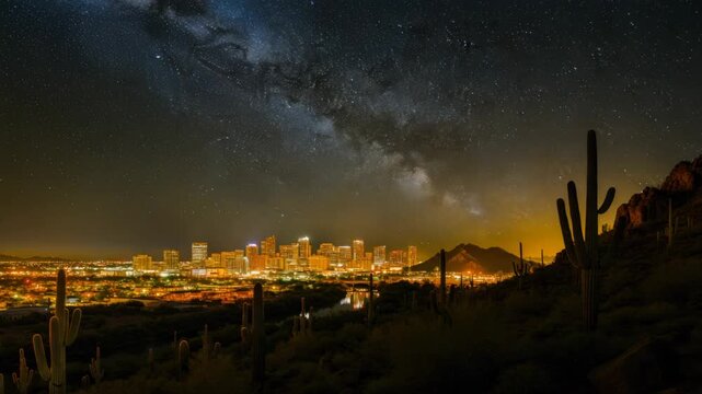 Captivating Nightscape Time-Lapse of Phoenix Arizona Under a Starry Milky Way Galaxy Canvas