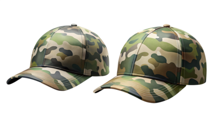 Two camouflage baseball caps on black background