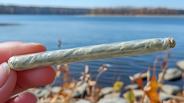 Hand holding a prerolled cannabis joint with outdoors with a scenic lake background.